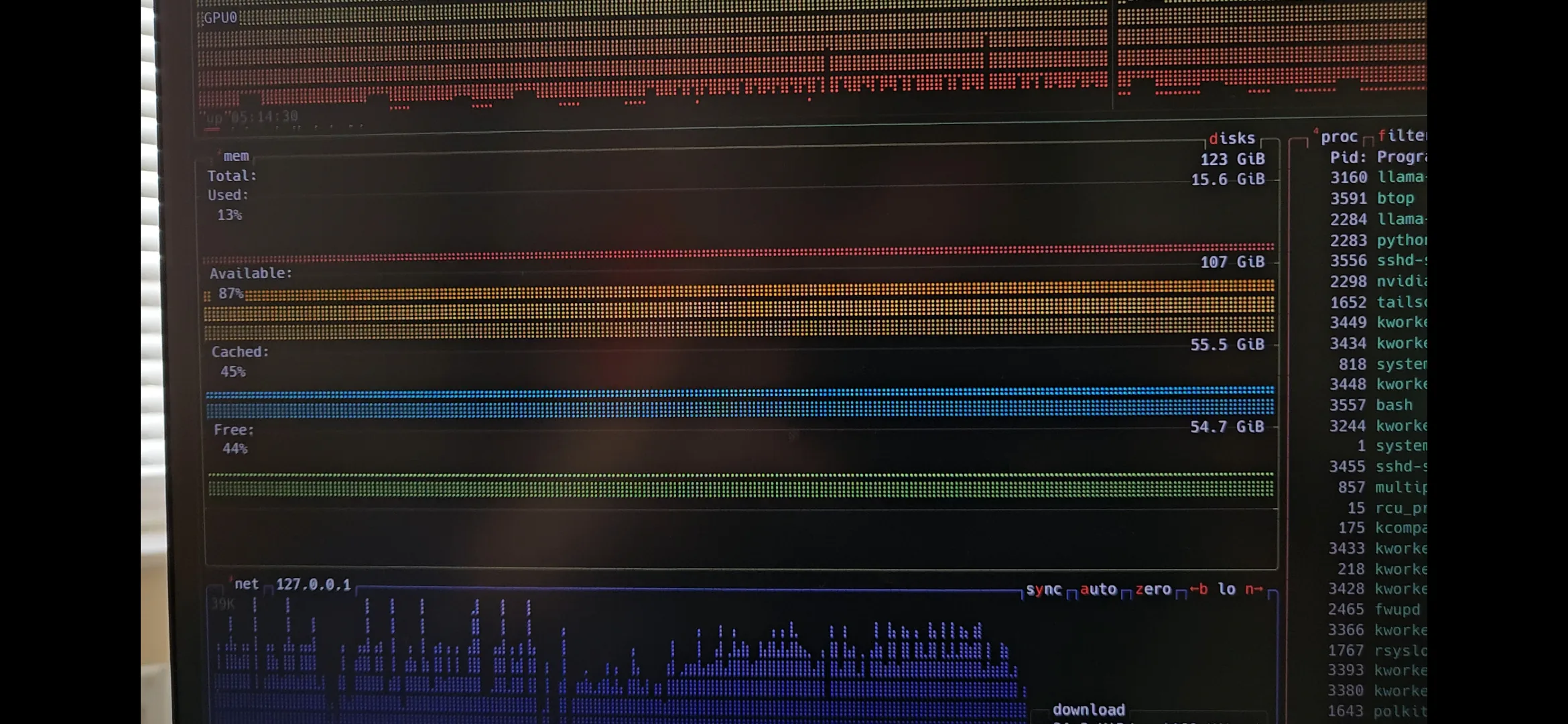 btop memory view on the Debian host showing 128 GB of system RAM with substantial free and available capacity during local inference.