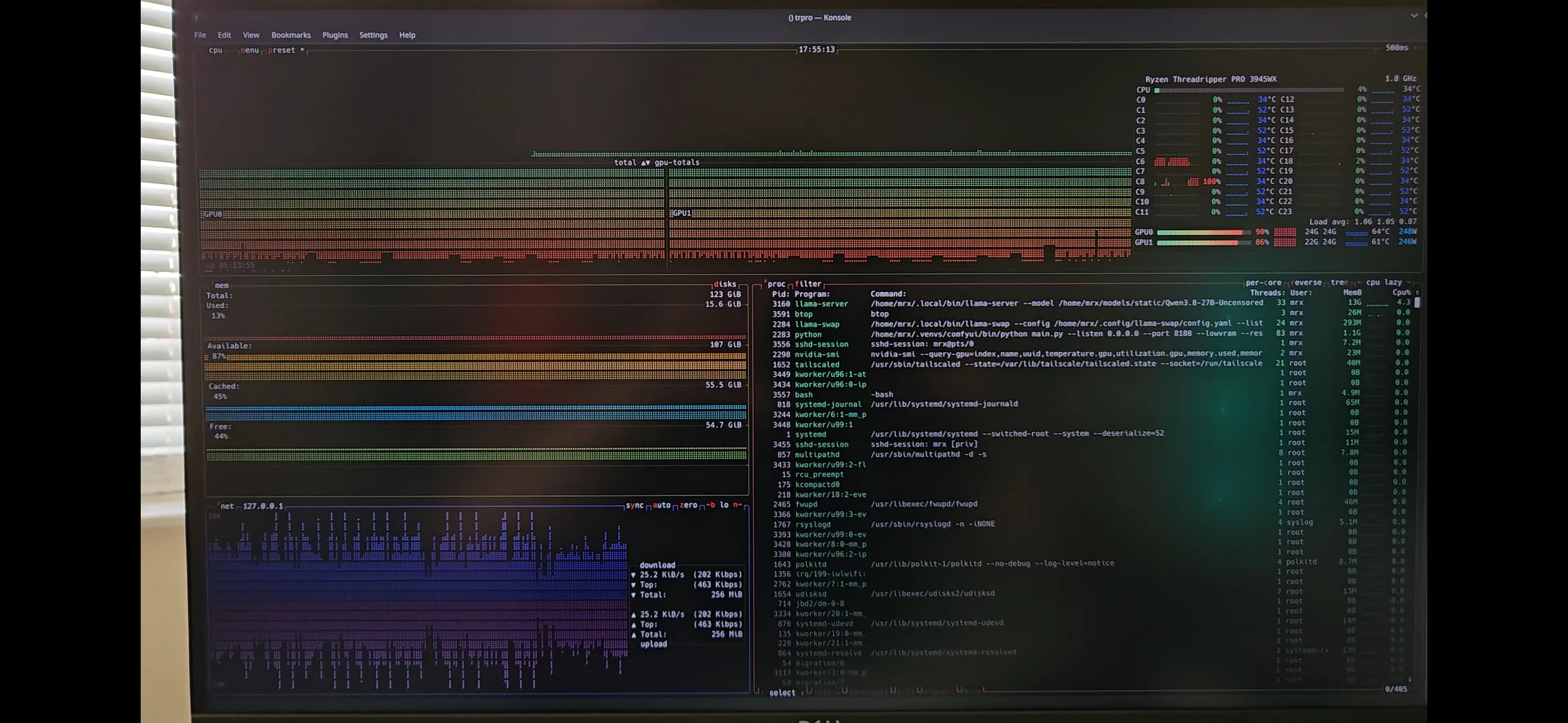 btop on the Debian host showing system memory, network traffic, processes and both GPUs during local model inference.