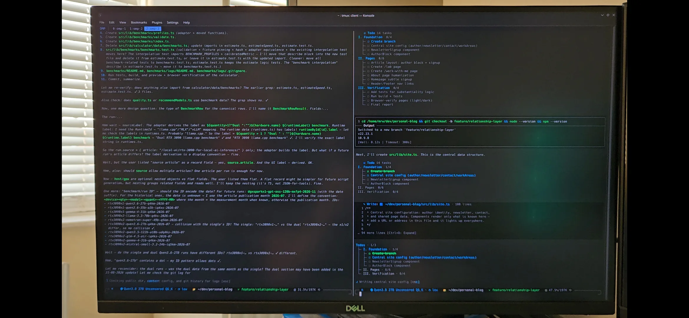 Two Oh My Pi sessions running Qwen 3.8 27B Q6 concurrently with 197K context windows.
